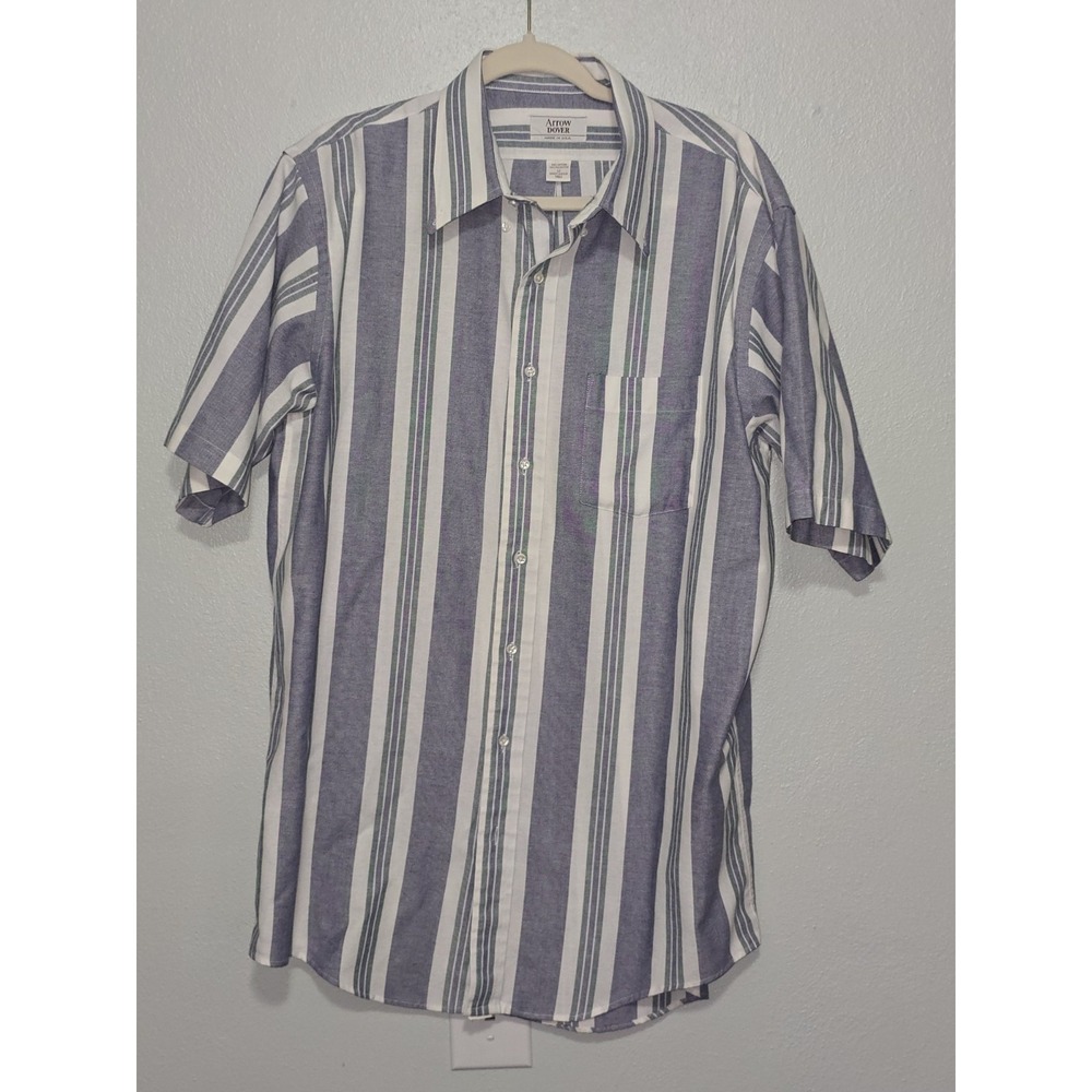Arrow Dover Mens 17 Tall Shirt Blue White Vertical Stripe Short Sleeve Button Up